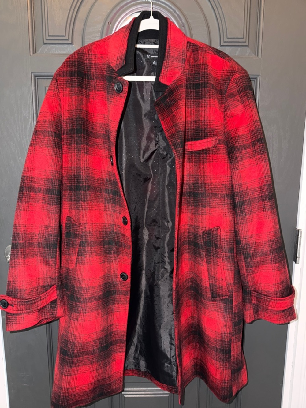 INC International Concepts Red and Black Plaid Coat